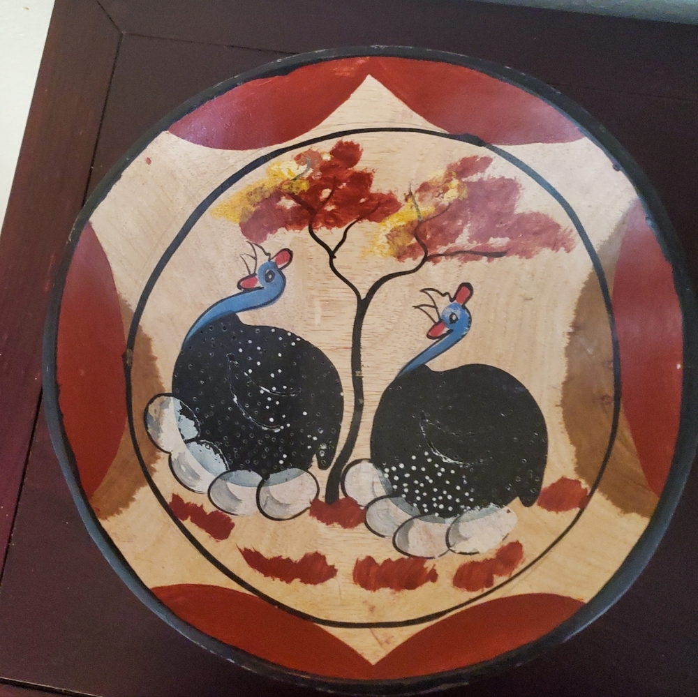 Vintage Hand Made Hand Painted Guinea Fowl Wooden Bowl From Africa